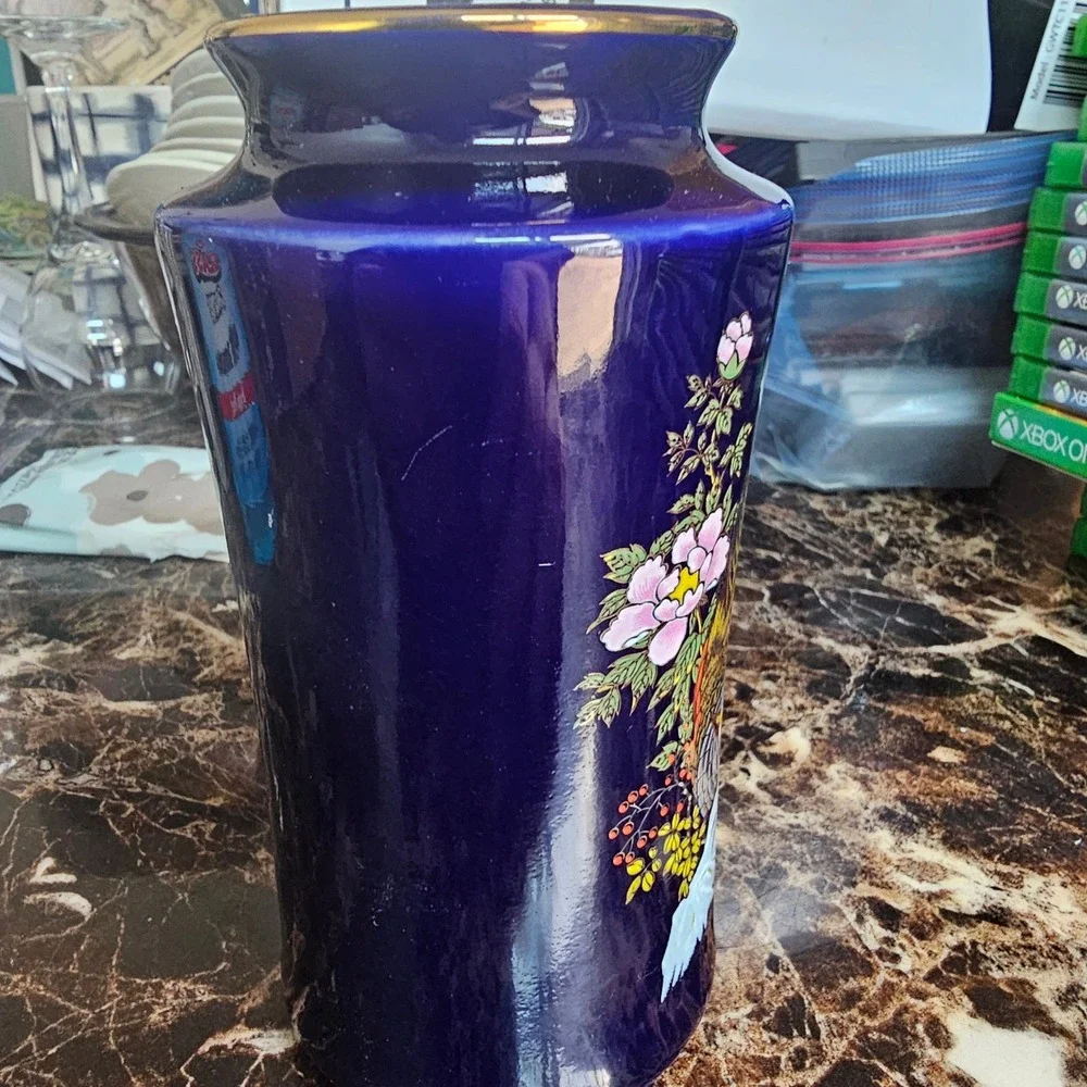 Vintage Japanese Cobalt Blue Porcelain Pheasant Floral Vase Gold Rim Japan
